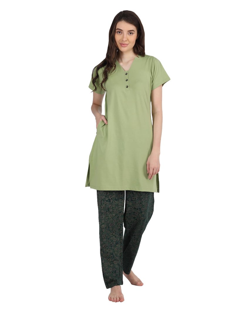 Duchess Women's Cotton Printed & Embroided Long Length Night Suit Set, Grey,Maroon, Large - Image 1