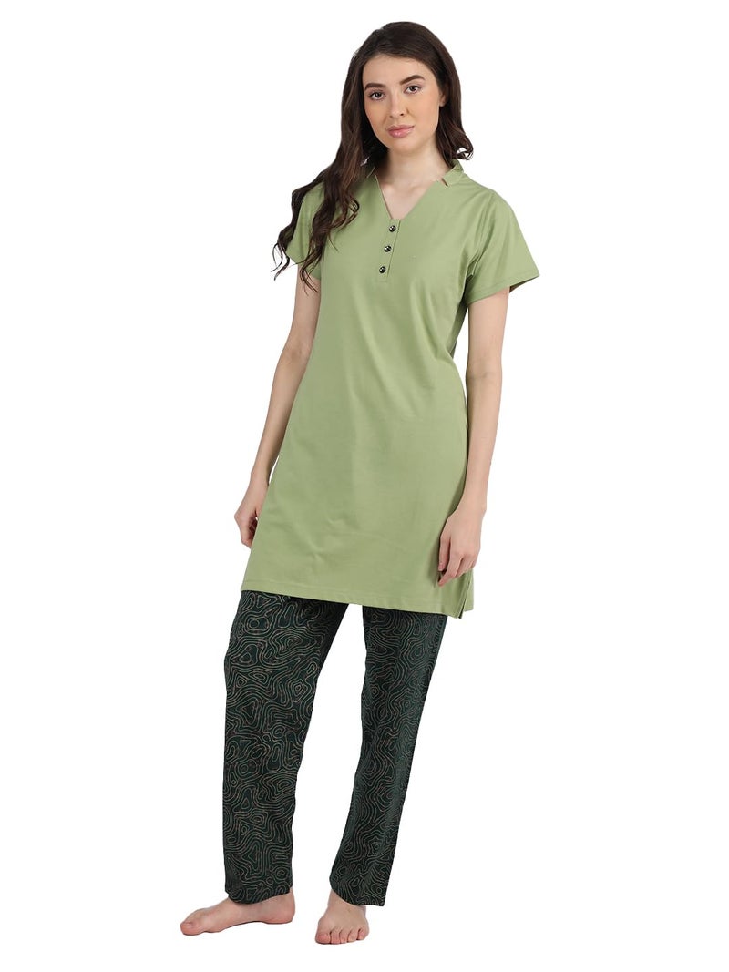 Duchess Women's Cotton Printed & Embroided Long Length Night Suit Set, Grey,Maroon, Large - Image 4