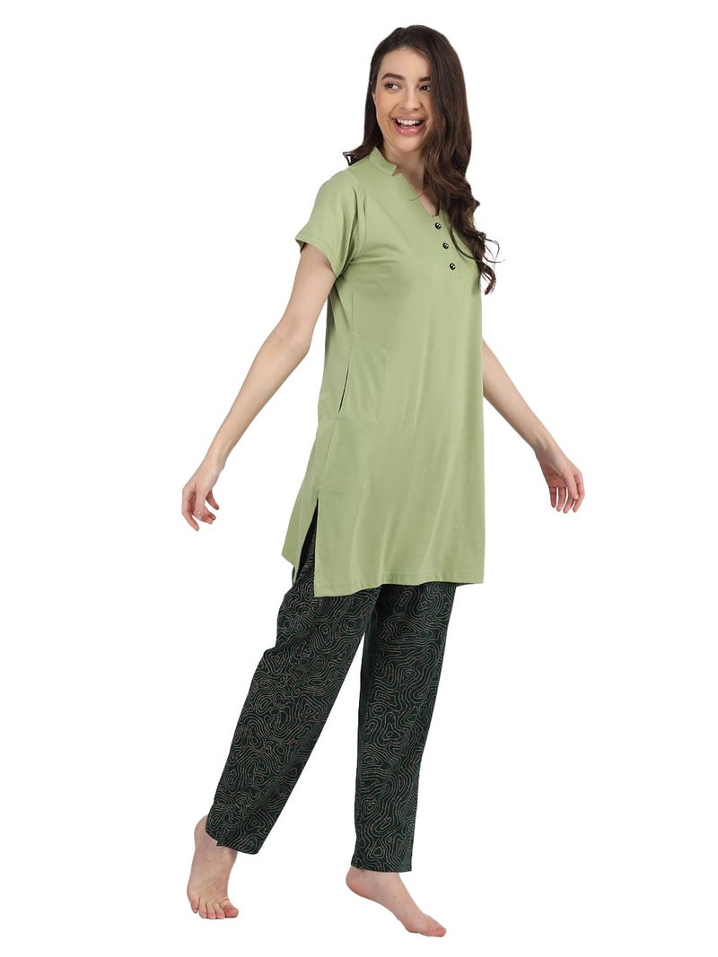 Duchess Women's Cotton Printed & Embroided Long Length Night Suit Set, Grey,Maroon, Large - Image 5