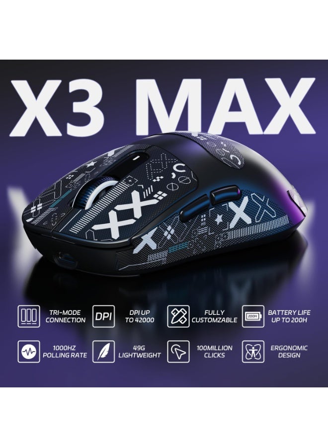 ATTACK SHARK X3MAX Wireless Gaming Mouse,PixArt PAW3950 Gaming Sensor,Up to 42K DPI,100 Million Micro,49g Lightweight Tri-Mode(BT5.2/2.4Ghz/Wired) Mice with Coiled Cable-Black&Tape - Image 2