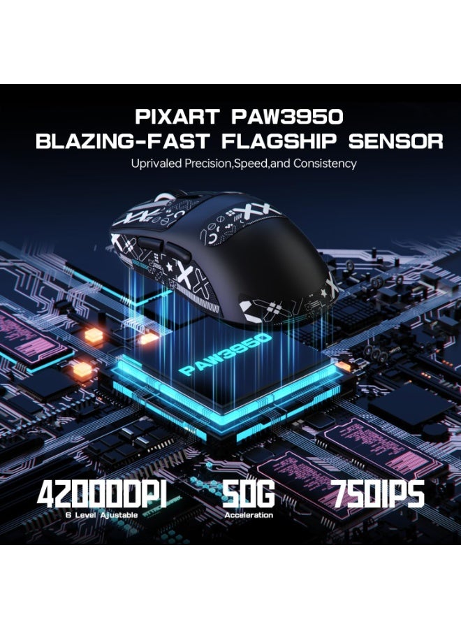 ATTACK SHARK X3MAX Wireless Gaming Mouse,PixArt PAW3950 Gaming Sensor,Up to 42K DPI,100 Million Micro,49g Lightweight Tri-Mode(BT5.2/2.4Ghz/Wired) Mice with Coiled Cable-Black&Tape - Image 3