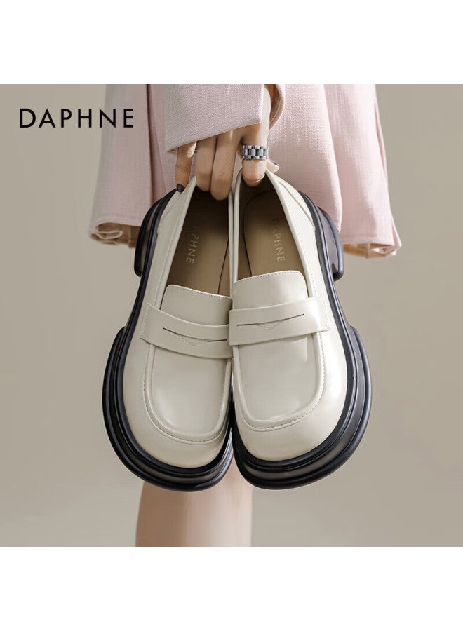 Daphne Thick-soled Loafers For Women, British Style, Black, Simple Leather Shoes, Women's Flats, Beige, Size 35 - Image 1