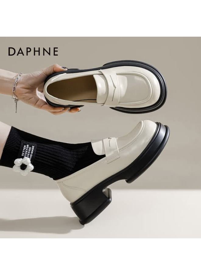 Daphne Thick-soled Loafers For Women, British Style, Black, Simple Leather Shoes, Women's Flats, Beige, Size 35 - Image 2