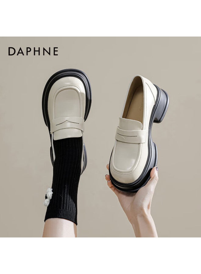 Daphne Thick-soled Loafers For Women, British Style, Black, Simple Leather Shoes, Women's Flats, Beige, Size 35 - Image 5