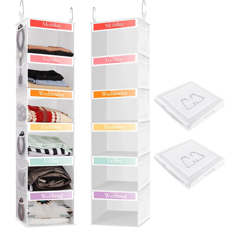 Amylove 2 Pack 6 Shelf Weekly Clothes Organizer for Kids with Side Pocket 47 Inch Days of the Week Clothes Organizer Monday to Friday Daily School Outfits Clothing Divider for KidsWhite