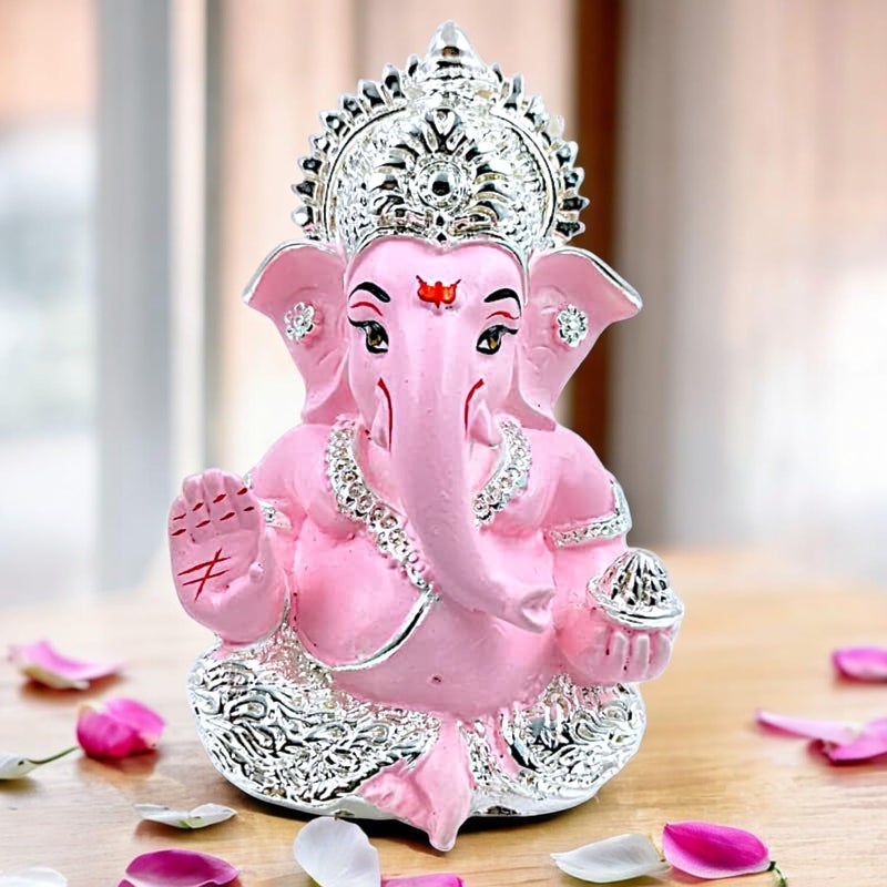 Karigaari India Ganpati Silver Plated Pink Resin Ganesha for Car Dashboard Idol Showpiece 4 x 4 Yellow showpiecePack of 1 - Image 2