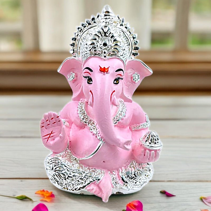 Karigaari India Ganpati Silver Plated Pink Resin Ganesha for Car Dashboard Idol Showpiece 4 x 4 Yellow showpiecePack of 1 - Image 1
