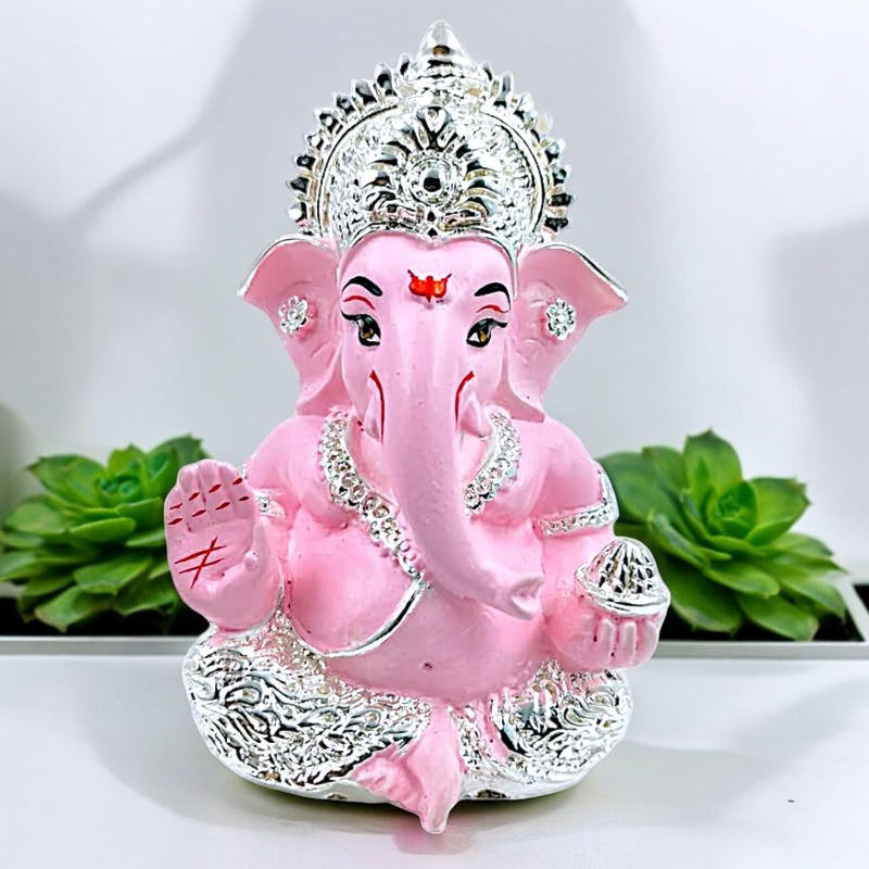 Karigaari India Ganpati Silver Plated Pink Resin Ganesha for Car Dashboard Idol Showpiece 4 x 4 Yellow showpiecePack of 1 - Image 3