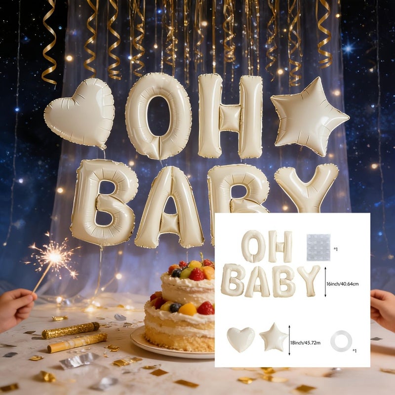 Creamy White OHBABY Foil Balloon Set Includes 16 Inch OH Party Balloons 18 Inch Heart Shaped And Star Shaped Balloons For Birthday Baptism Shower Welcome Party Decoration - Image 1