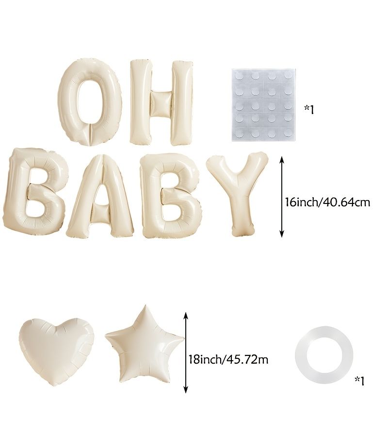 Creamy White OHBABY Foil Balloon Set Includes 16 Inch OH Party Balloons 18 Inch Heart Shaped And Star Shaped Balloons For Birthday Baptism Shower Welcome Party Decoration - Image 3