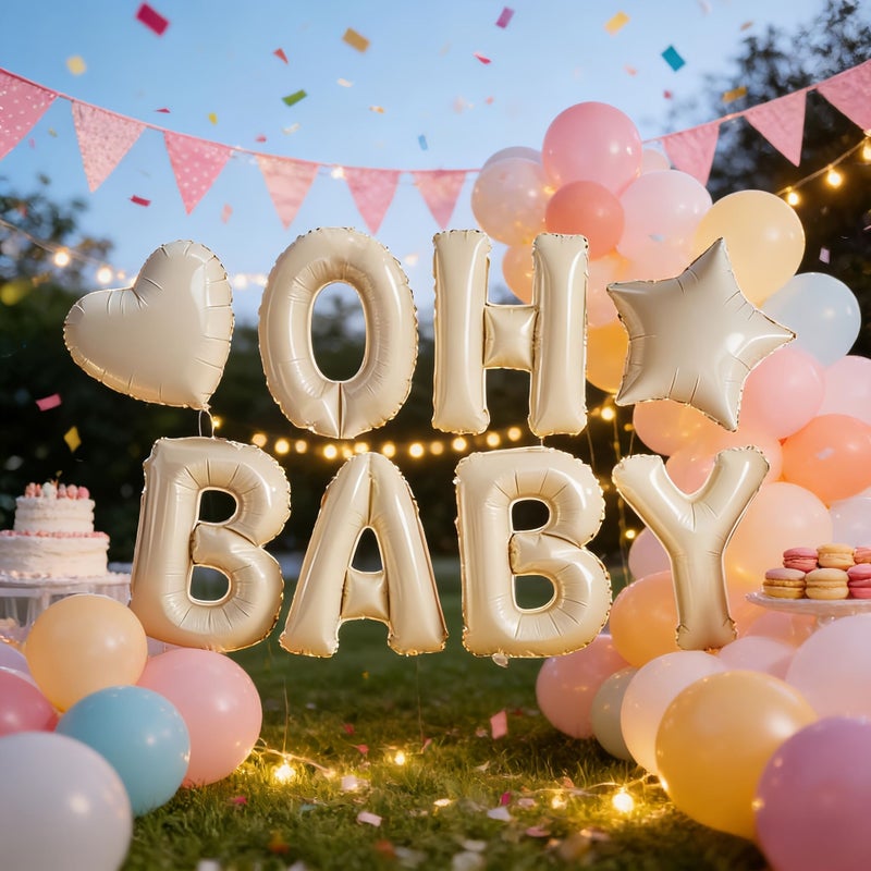 Creamy White OHBABY Foil Balloon Set Includes 16 Inch OH Party Balloons 18 Inch Heart Shaped And Star Shaped Balloons For Birthday Baptism Shower Welcome Party Decoration - Image 2