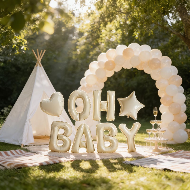 Creamy White OHBABY Foil Balloon Set Includes 16 Inch OH Party Balloons 18 Inch Heart Shaped And Star Shaped Balloons For Birthday Baptism Shower Welcome Party Decoration - Image 4