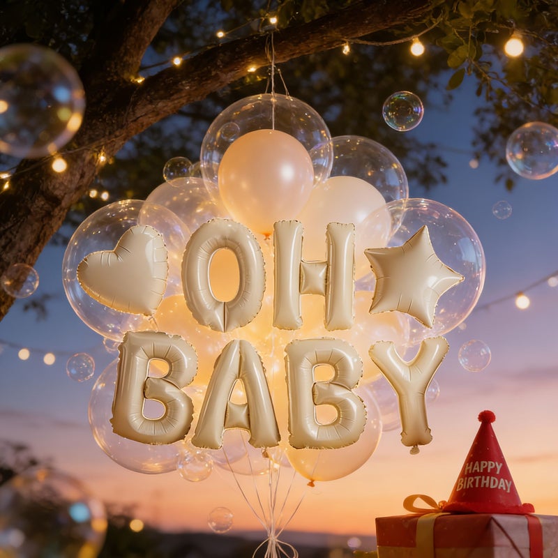 Creamy White OHBABY Foil Balloon Set Includes 16 Inch OH Party Balloons 18 Inch Heart Shaped And Star Shaped Balloons For Birthday Baptism Shower Welcome Party Decoration - Image 5