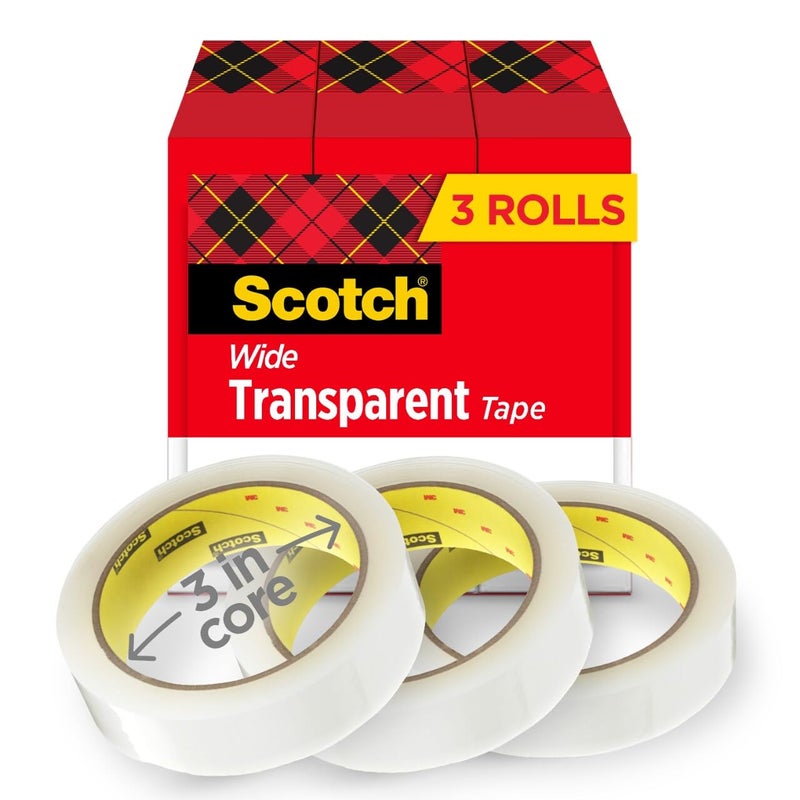 Scotch Transparent Tape, Clear Tape Engineered for Office and Home Use, 3 Inche Core, 1 in x 2592 in, 3 Rolls - Image 1