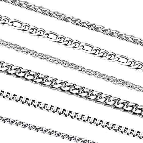OLARCU 6 Pcs Silver Chains, Stainless Steel Cuban Link/Rope/Box/Figaro/Square Rolo/Wheat Chain Necklace Jewelry Set for Women Men, 20 inches - Image 1