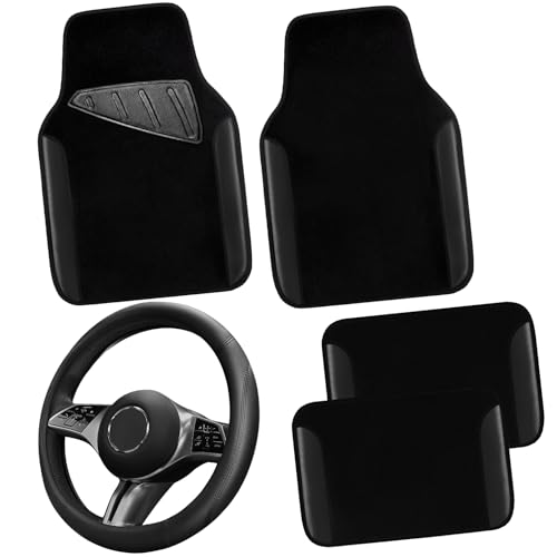 CAR PASS Microfiber Leather Steering Wheel Cover and Waterproof Car Floor MatsUniversal Car Combo Fit for 95 SedanSUVCars14515inch AntiSlip Safety Comfortable Faux Leather DesignSolid Black - Image 1
