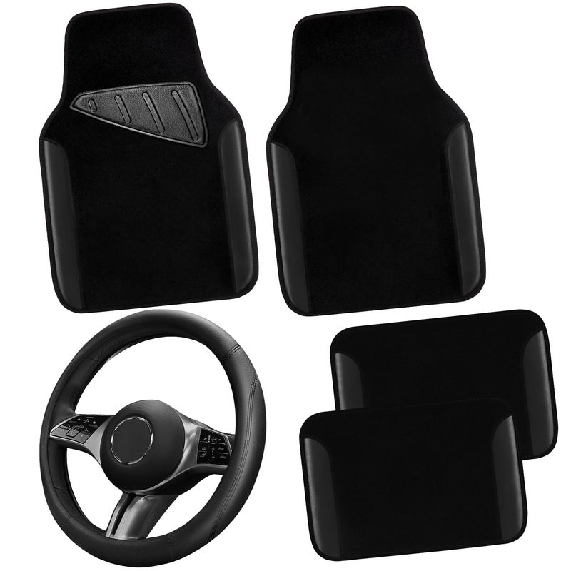 CAR PASS Microfiber Leather Steering Wheel Cover and Waterproof Car Floor MatsUniversal Car Combo Fit for 95 SedanSUVCars14515inch AntiSlip Safety Comfortable Faux Leather DesignSolid Black - Image 2