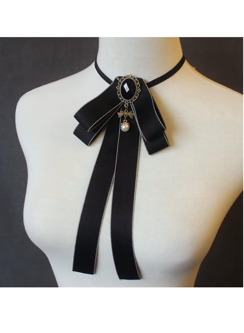Bow Tie For Women, Pre-Tied Ribbon Tie Adjustable Neck Tie with Rhinestone for Collared Blouse Shirt Dress（black） - Image 2