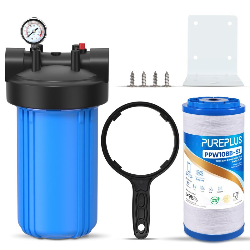 PUREPLUS 1Stage Whole House Water Filter with Iron Manganese Reducing Water Filter 10x45 Cartridge Universal Housing PreFiltration System for Well Water 1 NPT Port Pressure Release