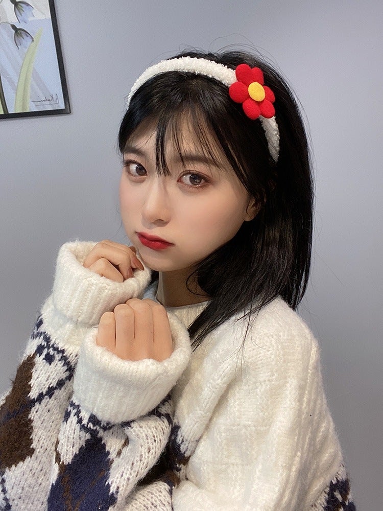 Loquat Lamb Plush Cat Ear Hair Ball Headband Cute Makeup Wash Face Fashion Hair Ring Internet Celebrity Same Style Korean Style Hair Band Big red small red flower