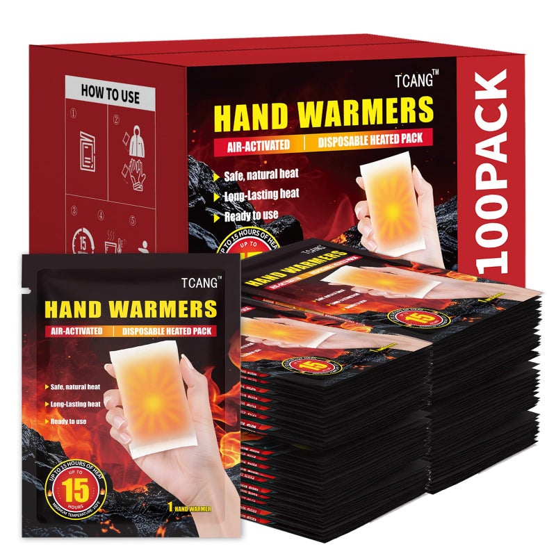 TCANG 100 Pack Hand Warmers Disposable - Up to 15 Hours of Heat - Super Long Lasting Air Activated Warmers, All Natural & Portable for Body, Hands & Toes - Odorless Hot Warmer Gifts for Winter Work - Image 1