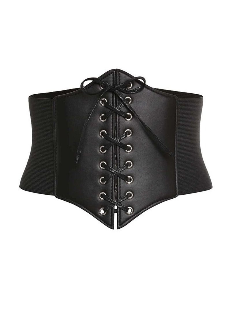 Shein Women's Black Waist Corset Belt with Faux Leather and Lace-up Design  - Image 1