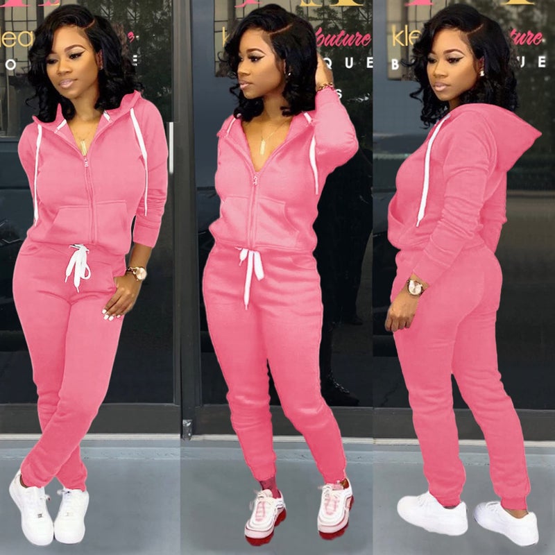CLOCOR 2 Piece Outfits for Women - Casual 2 Piece Sweatsuit Pocket Tracksuit Long Sleeve with Patchwork Pants Set Pink-L - Image 5
