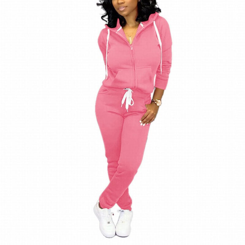CLOCOR 2 Piece Outfits for Women - Casual 2 Piece Sweatsuit Pocket Tracksuit Long Sleeve with Patchwork Pants Set Pink-L - Image 1