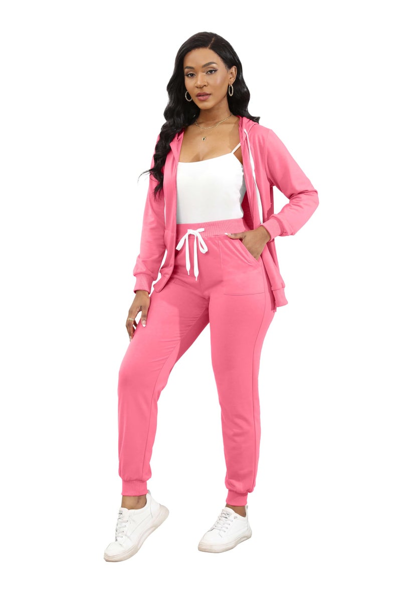 CLOCOR 2 Piece Outfits for Women - Casual 2 Piece Sweatsuit Pocket Tracksuit Long Sleeve with Patchwork Pants Set Pink-L - Image 3