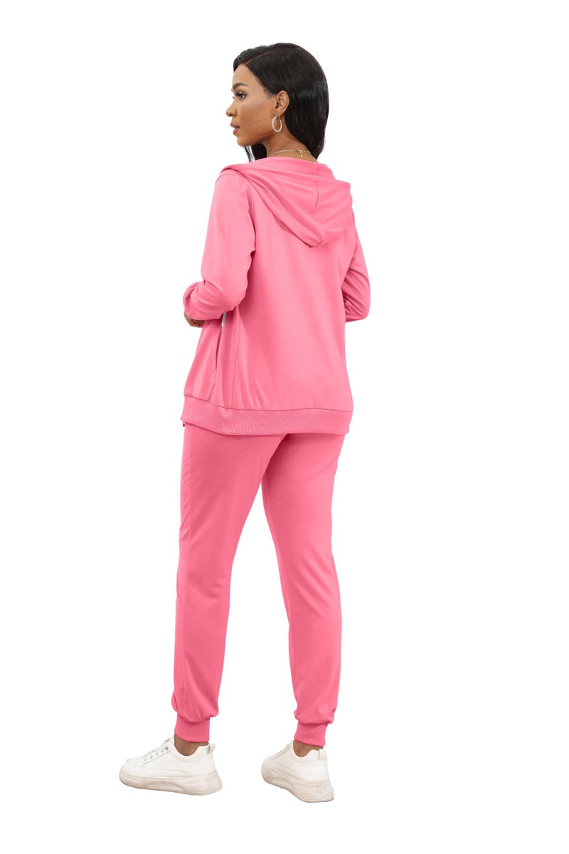 CLOCOR 2 Piece Outfits for Women - Casual 2 Piece Sweatsuit Pocket Tracksuit Long Sleeve with Patchwork Pants Set Pink-L - Image 4