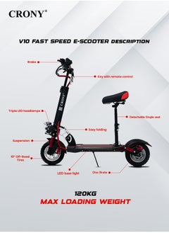 Crony V10 Pro E-Scooter 1200W Motor, 36V/12AH Battery, 10" Off-Road Wide Tires, Dual Suspension, Hydraulic Disc Brakes, Triple LED Headlamps, All-Terrain, Easy Foldable, Portable Commuter Electric Scooter for Adults & Kids, 120KG Load Capacity, Aluminum Frame, Brushless Motor, High-Capacity Heavy Duty E-Bike with Seat, Urban Mobility，Red  - Image 4