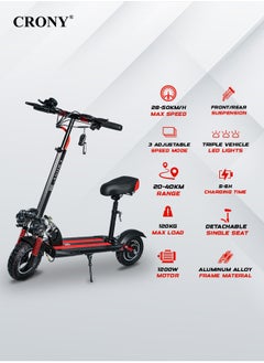 Crony V10 Pro E-Scooter 1200W Motor, 36V/12AH Battery, 10" Off-Road Wide Tires, Dual Suspension, Hydraulic Disc Brakes, Triple LED Headlamps, All-Terrain, Easy Foldable, Portable Commuter Electric Scooter for Adults & Kids, 120KG Load Capacity, Aluminum Frame, Brushless Motor, High-Capacity Heavy Duty E-Bike with Seat, Urban Mobility，Red  - Image 3