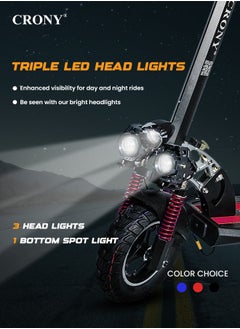 Crony V10 Pro E-Scooter 1200W Motor, 36V/12AH Battery, 10" Off-Road Wide Tires, Dual Suspension, Hydraulic Disc Brakes, Triple LED Headlamps, All-Terrain, Easy Foldable, Portable Commuter Electric Scooter for Adults & Kids, 120KG Load Capacity, Aluminum Frame, Brushless Motor, High-Capacity Heavy Duty E-Bike with Seat, Urban Mobility，Red  - Image 2