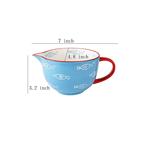 Gaolinci Blue Fish Pattern Kitchen Ceramic Mixing Bowl, 0.5 Quart Large Bowl, with Pouring Spout and Handle - Image 2