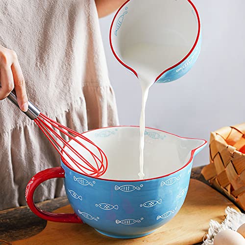Gaolinci Blue Fish Pattern Kitchen Ceramic Mixing Bowl, 0.5 Quart Large Bowl, with Pouring Spout and Handle - Image 3