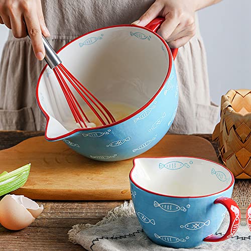 Gaolinci Blue Fish Pattern Kitchen Ceramic Mixing Bowl, 0.5 Quart Large Bowl, with Pouring Spout and Handle - Image 5