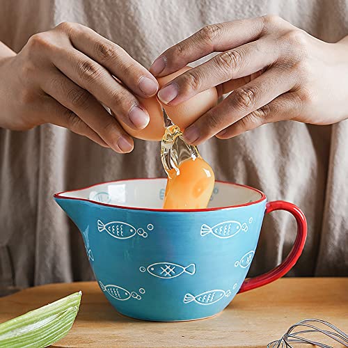 Gaolinci Blue Fish Pattern Kitchen Ceramic Mixing Bowl, 0.5 Quart Large Bowl, with Pouring Spout and Handle - Image 4