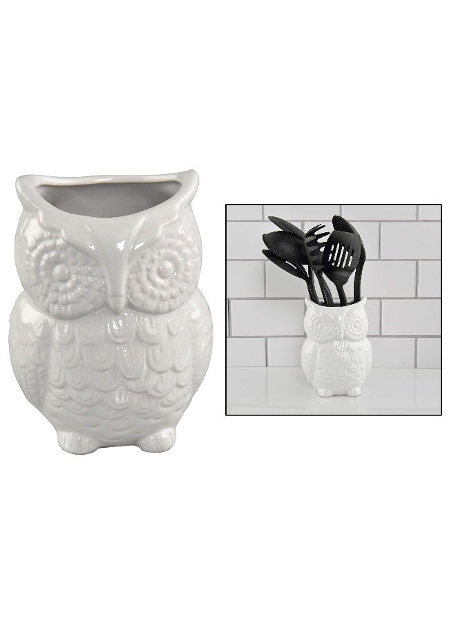 Home-X Ceramic Owl Utensil Holder - Kitchen Organizer, Large Utensil Caddy for Counter, Cooking & Spatula Storage Crock, Farmhouse Decor, Home & Kitchen Accessory, White - Image 1