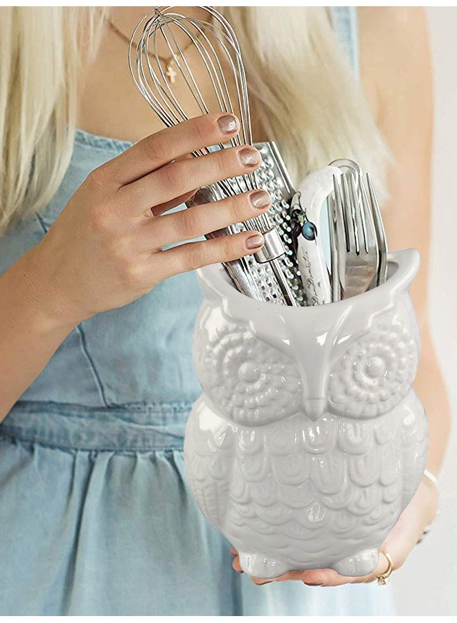 Home-X Ceramic Owl Utensil Holder - Kitchen Organizer, Large Utensil Caddy for Counter, Cooking & Spatula Storage Crock, Farmhouse Decor, Home & Kitchen Accessory, White - Image 2