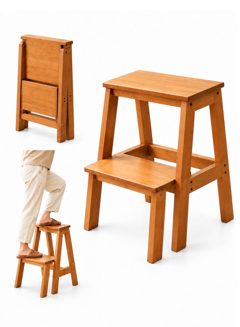 2-Step Bamboo Folding Ladder Stool, 150 KG Heavy Duty Wooden Step Ladder with Wide Steps, Multipurpose Foldable Stool for Kitchen, Home, Bedroom, Closet & Balcony, Brown