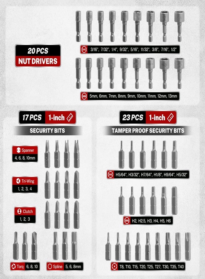 TOMMARS 208-Pc Master Screwdriver Bit Set, 1/4" Hex Shank Screwdriver Bits, Nut Driver and Security Bit Set - Image 4