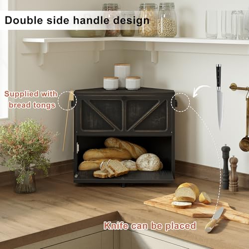 WOWLIVE Vintage Corner Bread Box for Kitchen Counter, Double-Layer Bamboo Bread Storage Bin, Large Capacity Rustic Farmhouse Bread Holder, Breadbox Organizer for Cabinet (Black, Medium) - Image 5