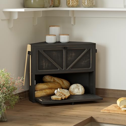 WOWLIVE Vintage Corner Bread Box for Kitchen Counter, Double-Layer Bamboo Bread Storage Bin, Large Capacity Rustic Farmhouse Bread Holder, Breadbox Organizer for Cabinet (Black, Medium) - Image 2