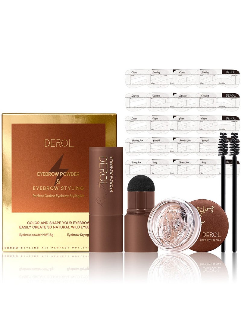 DEROL - Brow Kit Eyebrow Stamp Stencil Kits Palette Pac Set,Eyebrow Powder+Styling Wax+20* Shape Stencils+2* Brushes,Color Contour,More Defines,Thicker,Easy To Colour, Long Lasting Waterproof 01#Dark Brown - Image 1