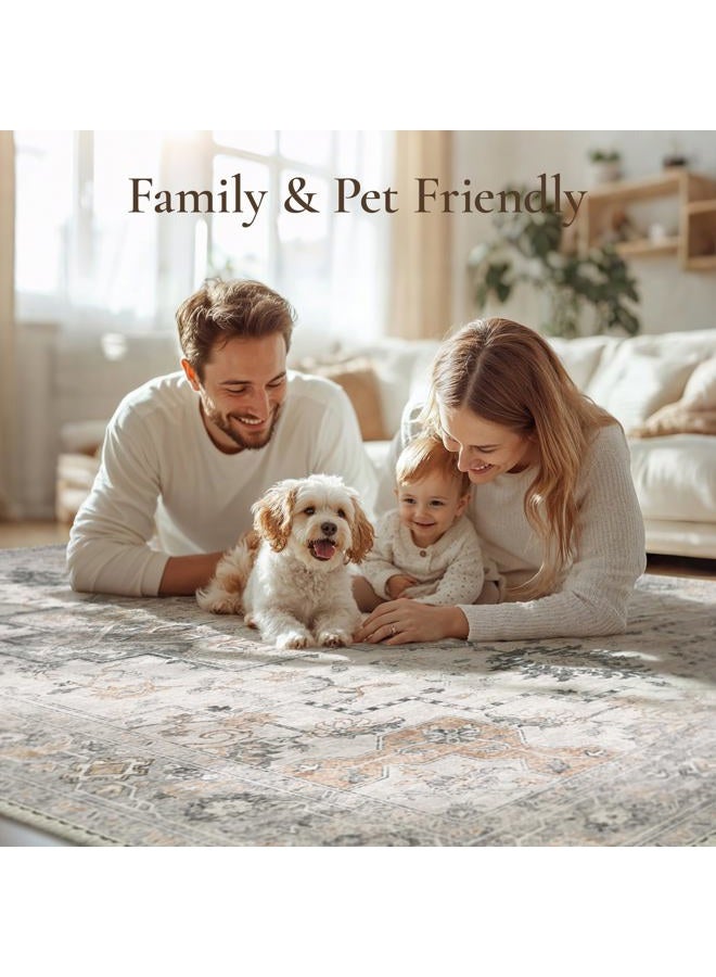 GENIMO 5x8 Area Rugs for Living Room, Machine Washable Low Pile Rugs, Chenille Non Slip Vintage Rug for Bedroom, Dining Room, Home Office, Light Taupe Brown - Image 3