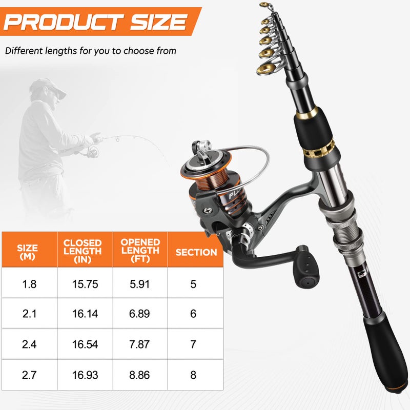 PLUSINNO Telescopic Fishing Rod and Reel Combos Full Kit, Carbon Fiber Fishing Pole, 12 +1 Shielded Bearings Stainless Steel BB Spinning Reel - Image 2