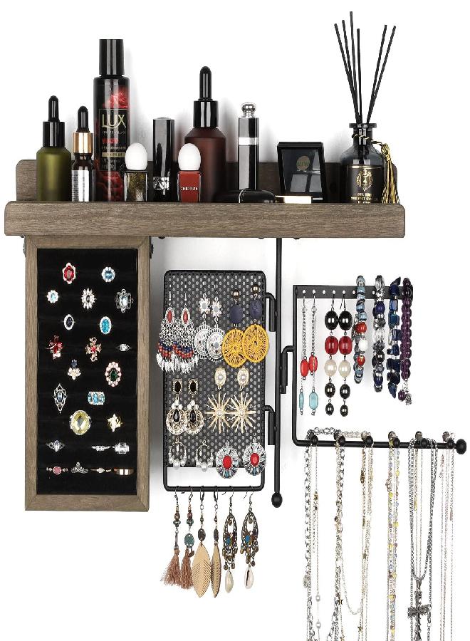 SOLIMINTR SOLIMINTR Hanging Jewelry Organizer Wall Mount Jewelry Holder with Rustic Wood Shelf, Ring Display Box, Ear Studs Earring Holder, Rotating Necklace Holder Organizer for Gothic Jewelry Goth Accessories - Image 2