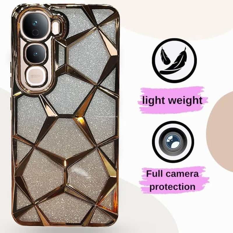 VONZEE Gradient Glitter Case for VIVO Y400, Luxury Electroplated 3D Cube, Diamond Bling Shiny Soft TPU Clear Shockproof Women Girls Protective Phone Cover (Gold) - Image 3