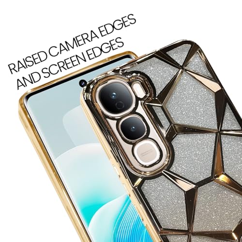 VONZEE Gradient Glitter Case for VIVO Y400, Luxury Electroplated 3D Cube, Diamond Bling Shiny Soft TPU Clear Shockproof Women Girls Protective Phone Cover (Gold) - Image 4