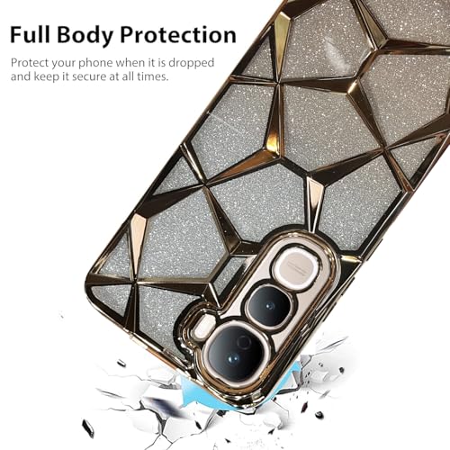 VONZEE Gradient Glitter Case for VIVO Y400, Luxury Electroplated 3D Cube, Diamond Bling Shiny Soft TPU Clear Shockproof Women Girls Protective Phone Cover (Gold) - Image 2